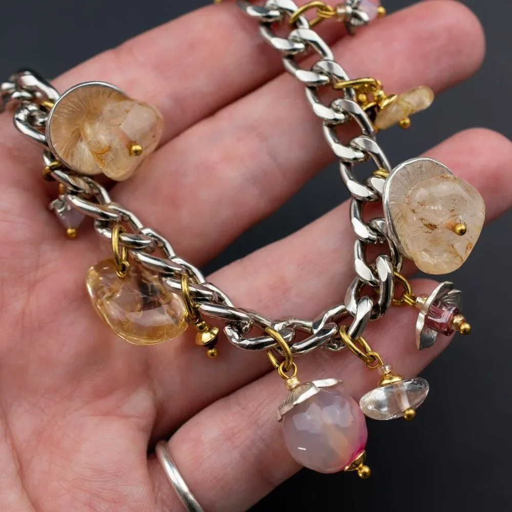 Chunky colorful charm silver chain bracelet, pink gemstone bead dangle bracelet
